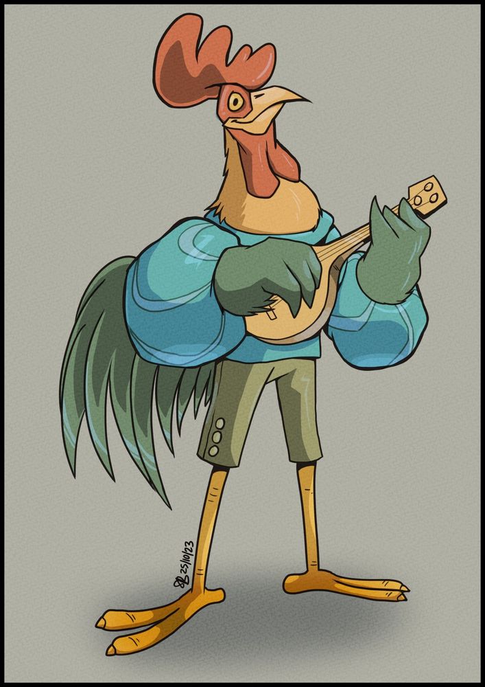 Digital fan art of Alan-A-Dale, an anthropomorphic (anthro) rooster character from the Disney movie Robin Hood. He is smiling and playing a lute.