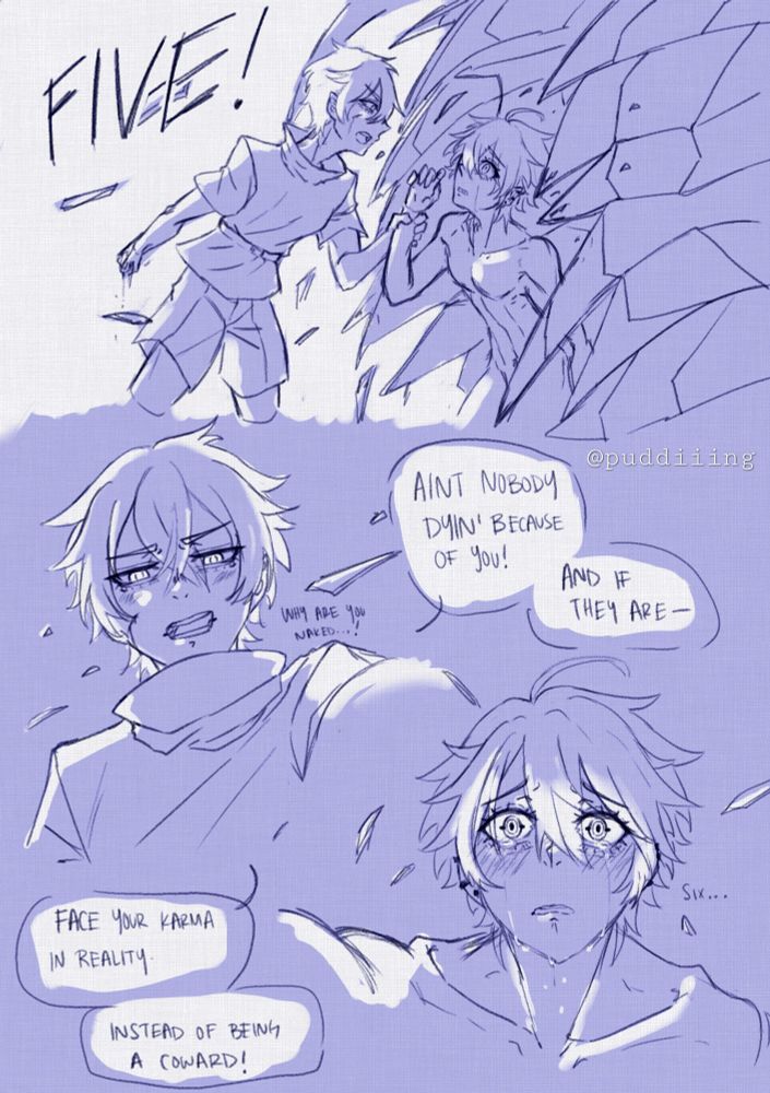 My OC Six, breaks OC Five out of the shell he created for himself when his persona took over his body to run away from the accoutability of it's actions.

Six reassures Five that no ones deaths are directly because of Five, and that he should face reality.