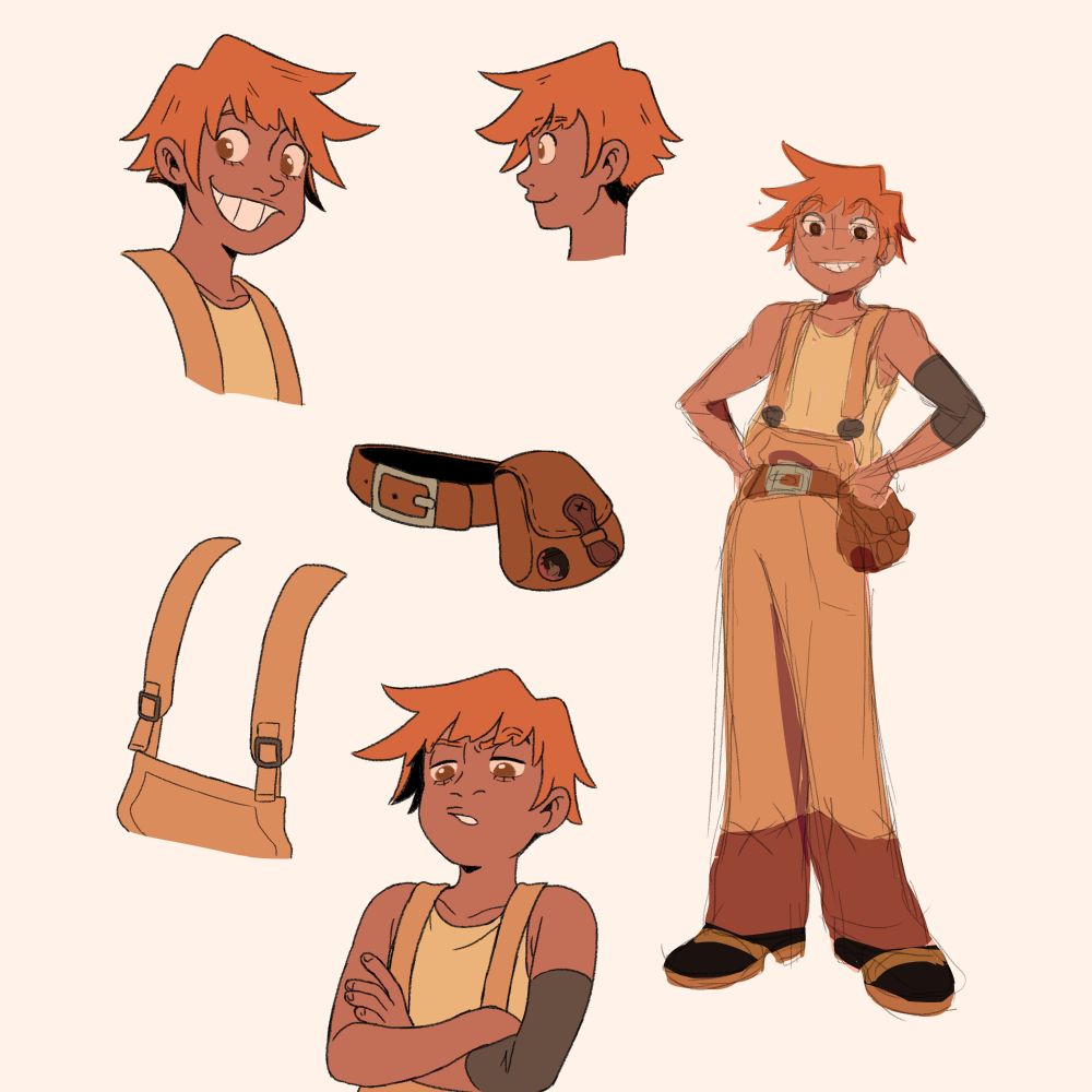 Minha persinagem original ela tem cabelos laranja espetados e bem curtos usa um macacão bege e uma regata amarela, ela tem um cinto com uma bolsinha
Na imagem temos ela de corpo inteiro o rosto dela visto de perfil e duas expressões, uma dela sorrindo e outra dela seria com os braços crusados