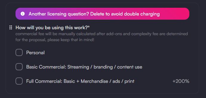 screenshot of the previous licensing module on vgen service forms that asks clients "how will you be using this commission?" and the options are: personal use, monetized content, and commercial merchandising