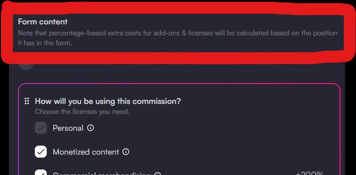 screenshot of the newly updated licensing module on vgen service forms that highlights an additional note on the form editor that specifically states "Note that percentage-based extra costs for add-ons & licenses will be calculated based on the position it has in the form."