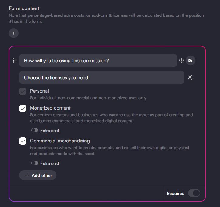 screenshot of the newly updated licensing module on vgen service forms that asks clients "how will you be using this commission?" and the options are: personal use, monetized content, and commercial merchandising