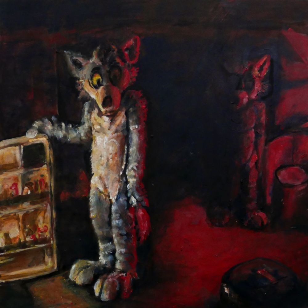 Painting of a dark room lit by a red light. A fursuiter stants at an open fridge, another fursuit is visible in the background only lit by red