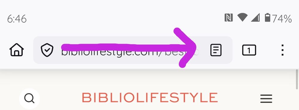 A close-up screenshot of the Firefox URL box with a fuchsia-colored freehand drawn arrow pointing to the Reader View icon.