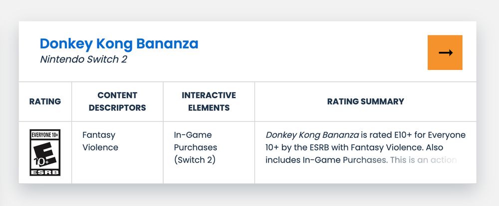 Screenshot of Donkey Kong Bananza's ESRB rating from the rating group's website. It includes an E10+ badge, a "fantasy violence" descript and a note that the game has "in-game purchases"