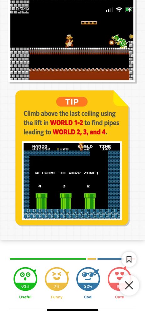 A “tip” telling players they can climb above the ceiling in Super Mario Bros world 1-2 to get to the warp pipes