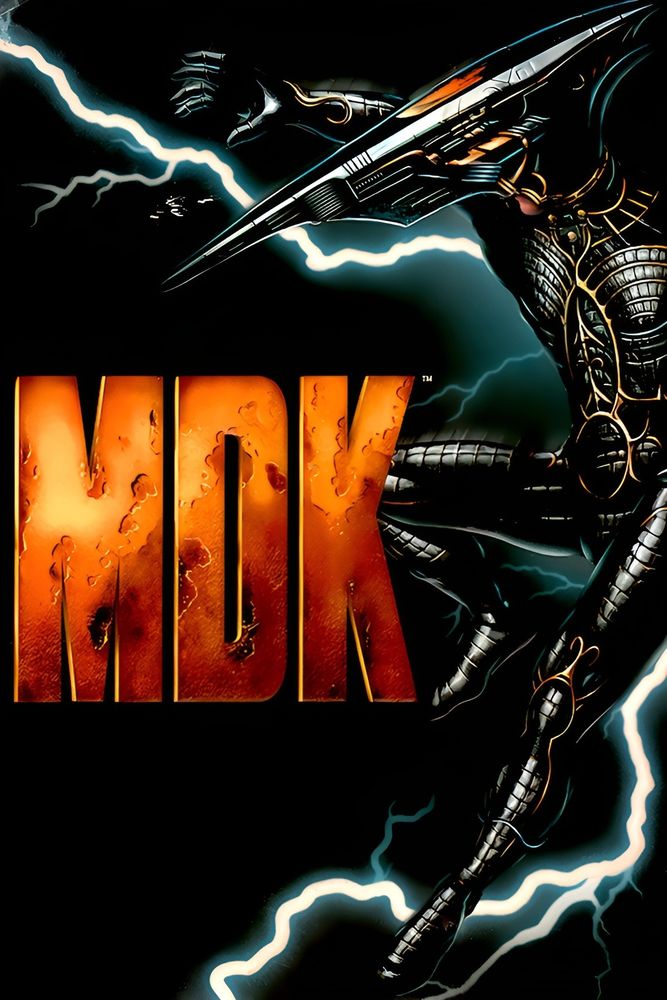 MDK cover, a guy in a black futuristic suit with helmet as lightening crackles against a black backdrop