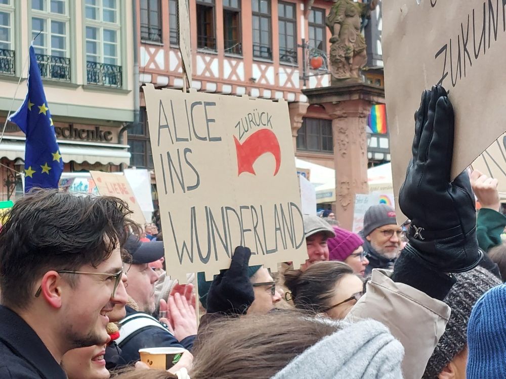 In der Mitte von Demonstrierenden auf dem Römer in Frankurt ein Schild mit der Aufschrift "Alice zurück ins Wunderland".