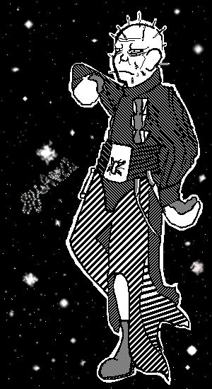 A looping gif--digital pixel art done entirely in black and white--of the character Pinhead floating up and down in space. Stars of varying size and brightness can be seen in the background, including a constellation spelling out the artist's watermark in cursive: "Jfish[heart]A."