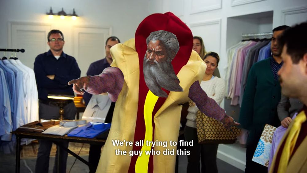 the god of the bible wearing the i think you should leave hot dog suit "we're all trying to find the guy who did this"