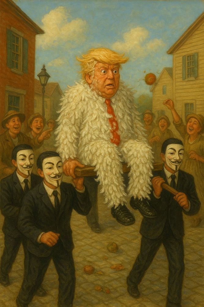 Tarred and feathered trump paraded through cheering crowd on shoulders of people in suits and anonymous masks.