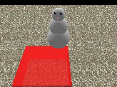 A very rudimentary snowman, rendered with OpenGL 1.0, on a transparent red block, against a background of a densely repeating set of stones.