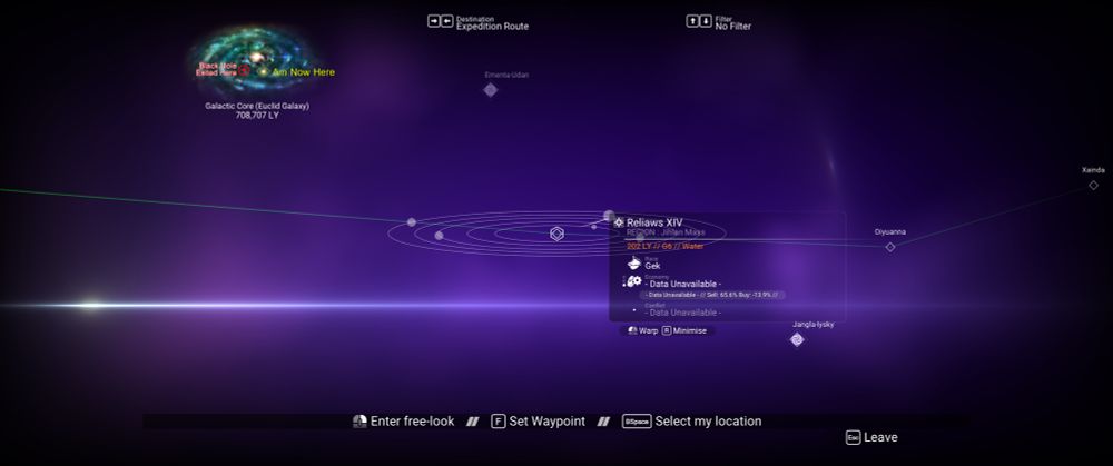 Screenshot of the galaxy map, showing hardly any other stars, except for a few black holes and the expedition route.
Inner map icon shows two points, one where I exited a black hole, with another marking where I currently have warped to.