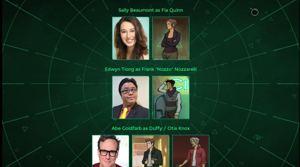 Screenshot of part of the end credits, showing portrait photos of some of the voice actors with their names and who they played.