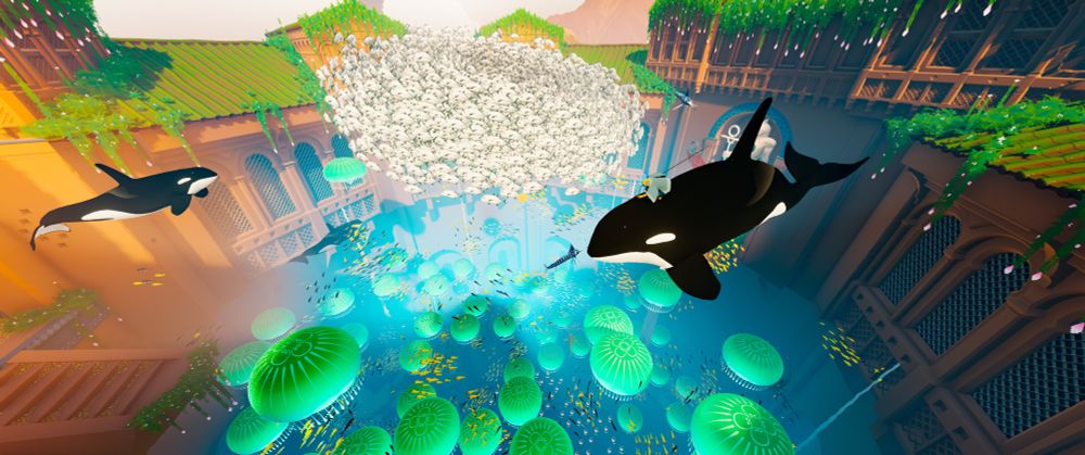 Screenshot looking down into a Romanesque courtyard, with lots of large bright green ‘jellyfish’ descending down towards the floor. Above the jellyfish is a large circular mass of small white fish. Around and under them swim four orcas. My character is sitting on the head of one. 