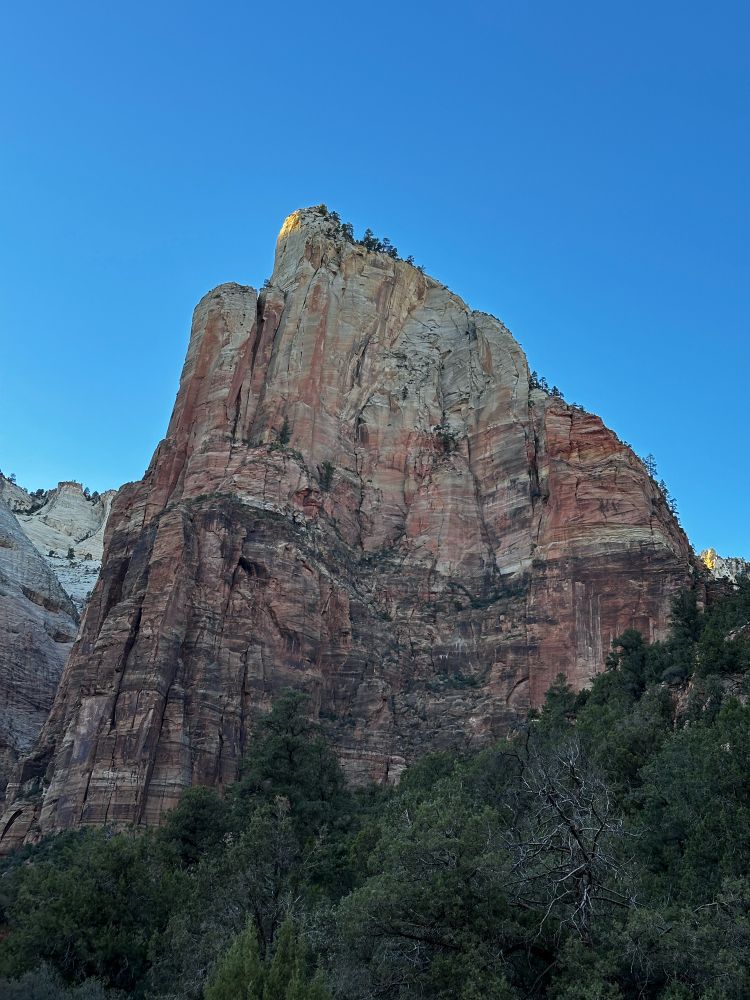 Isaac Peak (a striated red and white mountain) in the Court of Patriarchs in Zion National Park.