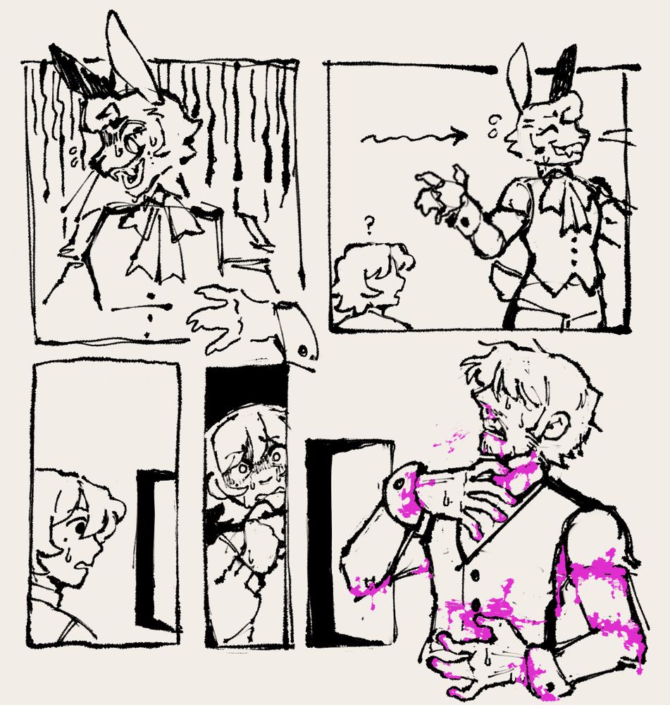 Panel 1: Mista Hare looks uneasy and panicked
Panel 2: Mista Hare excuses himself leaving behind a confused Toby
Panel 3: Toby stares worriedly at an ajar door
Panel 4: Toby looks on in horror and shock
Panel 5: William struggles to get the springlock suit off as stylized bright pink blood seeps out through the joints. A door is left ajar behind him in the background