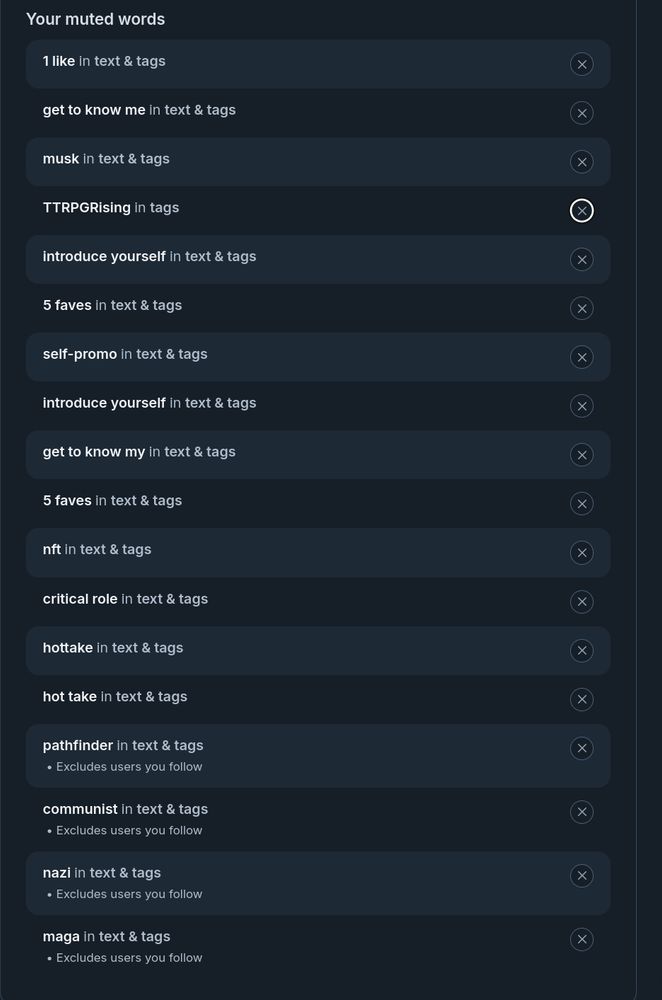 1 like 
get to know me 
musk 
TTRPGRising 
introduce yourself 
5 faves 
self-promo 
introduce yourself 
get to know my 
5 faves 
nft 
critical role 
hottake 
hot take 
pathfinder 
communist 
nazi 
maga 

