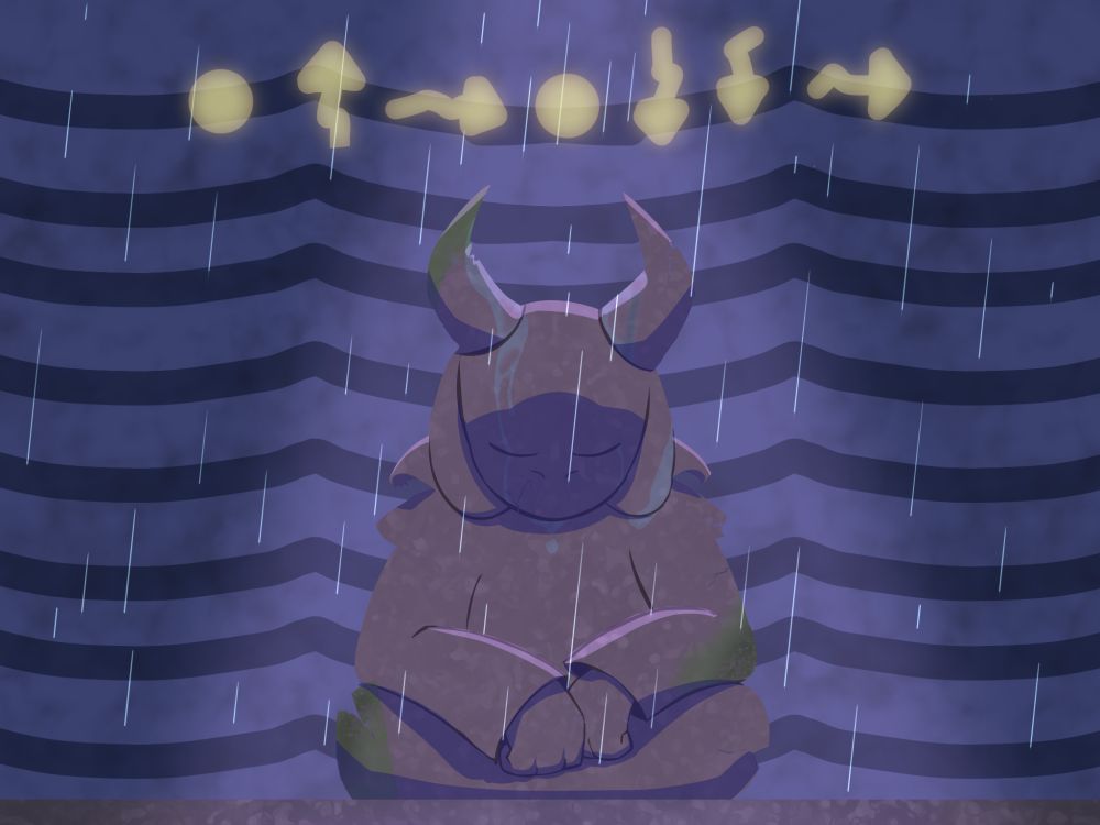 A estátua de waterfall em Undertale, ela se assemelha a Asriel na sua forma de Deus da Hipermorte, só que com menos detalhes, ela está rachada e com musgo crescendo em alguns lugares