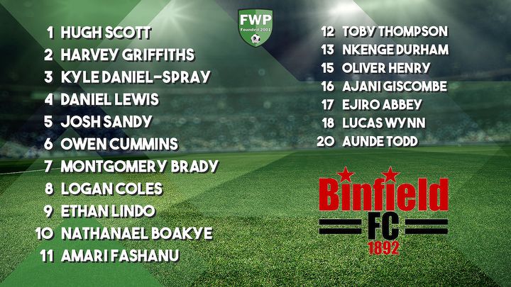 BINFIELD: Scott Griffiths Daniel-Spray Lewis Sandy Cummins Brady Coles Lindo Boakye Fashanu; SUBS: Thompson Durham Henry Giscombe Abbey Wynn Todd