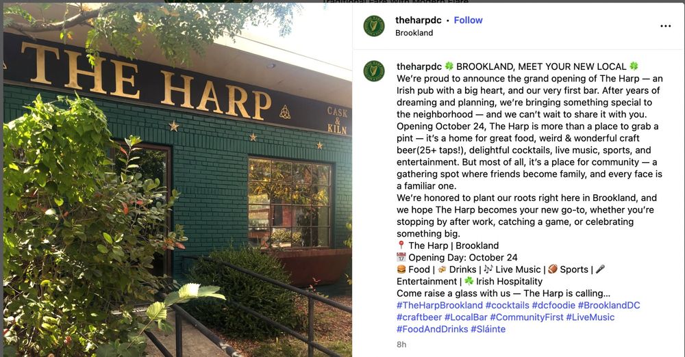 An Instagram post about The Harp, a new restaurant in Brookland