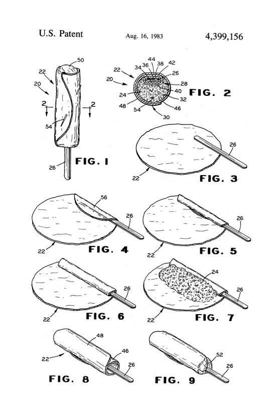 Black-and-white patent illustration showing a food item on a stick, resembling a burrito or wrap. Figure 1 depicts the finished product, a cylindrical wrap on a stick. Figure 2 is a cross-section view, labeling layers of tortilla, filling, and outer covering. Figures 3 through 9 show step-by-step preparation: placing a tortilla on a flat surface with a stick, folding and rolling the tortilla around the stick, adding filling, and wrapping it closed.