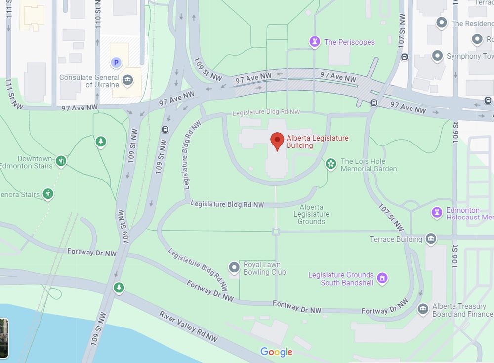 Map of the area around the Alberta Legislature Building. Office of Premier Danielle Smith.