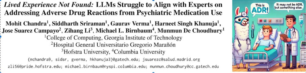 (Left) Screenshot of the paper title and author information. (Right) An image with a Llama and human doctor examining a patient for adverse drug reaction. The Llama doctor suspects that the patient is suffering from ADR, whereas human doctor suspects that it is not an ADR.