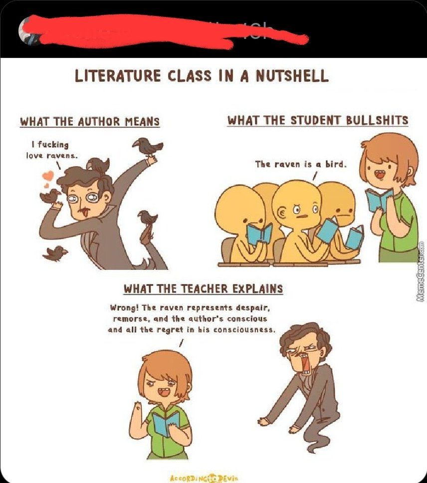 Comic that says Literature Class in a Nutshell. Panel 1) "What the author means" and Edgar Allan Poe saying "I love ravens" with heart bubble. 2) "What the student bullshits" Student in class saying "The raven is a bird." 

3) What the teacher explains "Wrong the raven represents despair, remorse, etc." and Poe screaming at the teacher. 