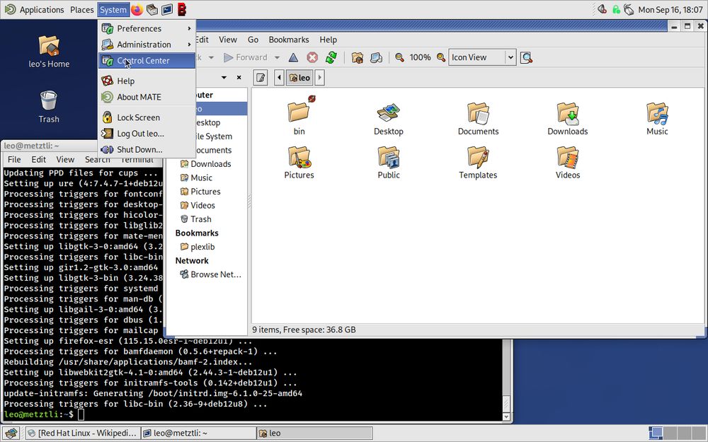 A MATE desktop with the historical Bluecurve theme applied. Files open in the foreground, with a terminal and update text in the background. The System menu is open at the top with Control Center highlighted.