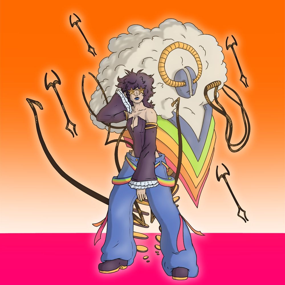 Woman wearing star-shaped tinted shades, baggy trousers with rainbow belts + tassels, corset with lightning bolt gap in the middle and frilly sleeves stood with left arm slung down and right hand buried in her bushy hair.
Behind is a cloud like being with a blue split face mask for a head, pointed rainbow body, lower body made of big discs and coiled dark and gold extremities forming a bow arrows and sling.
