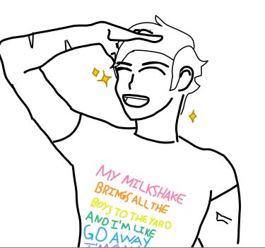 Jumper in a shirt that reads "My milkshake brings all the boys to the yard and I'm like 'Go away. I'm gay."