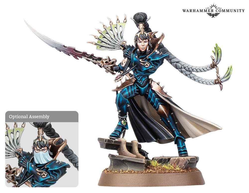 Lady Aurelia Malys, Archon of the Poisoned Tongue wearing blue black armor posed with knife-bladed fan, sword, and hair whipping out behind her