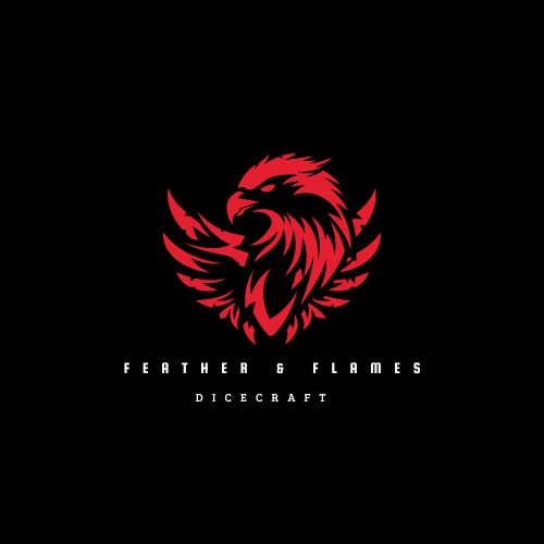 A black background with a logo featuring a red birds head with a crest of feathers. The tect underneath reads "Feather and Flames Dicecraft"