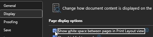 A cropped image of Word's Options window, showing the Display section highlighted. The cursor rests over a checkbox for "Show white space between pages in Print Layout view"