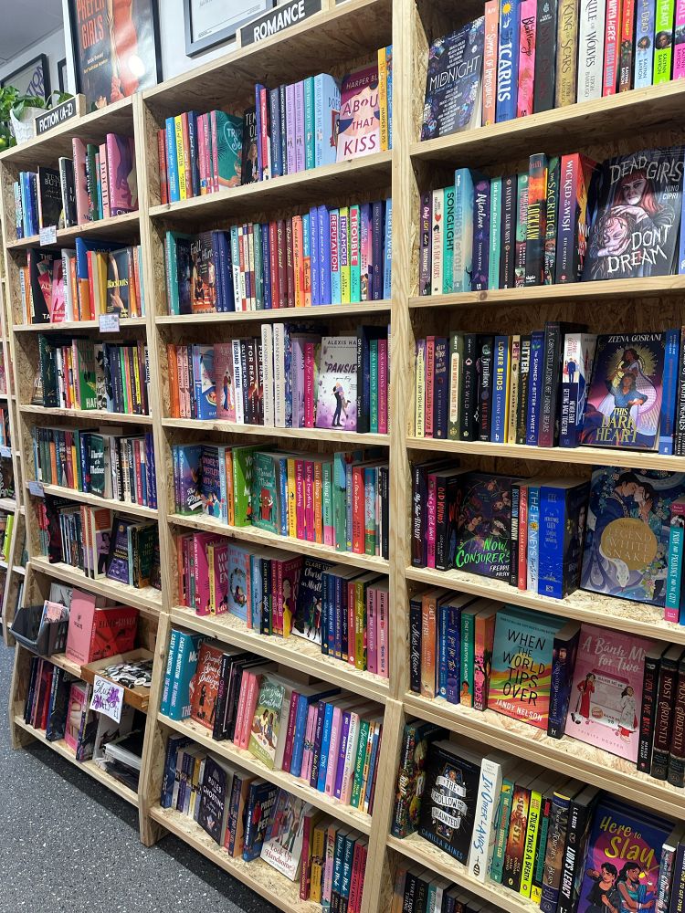 Wooden bookcases filled with queer books. 