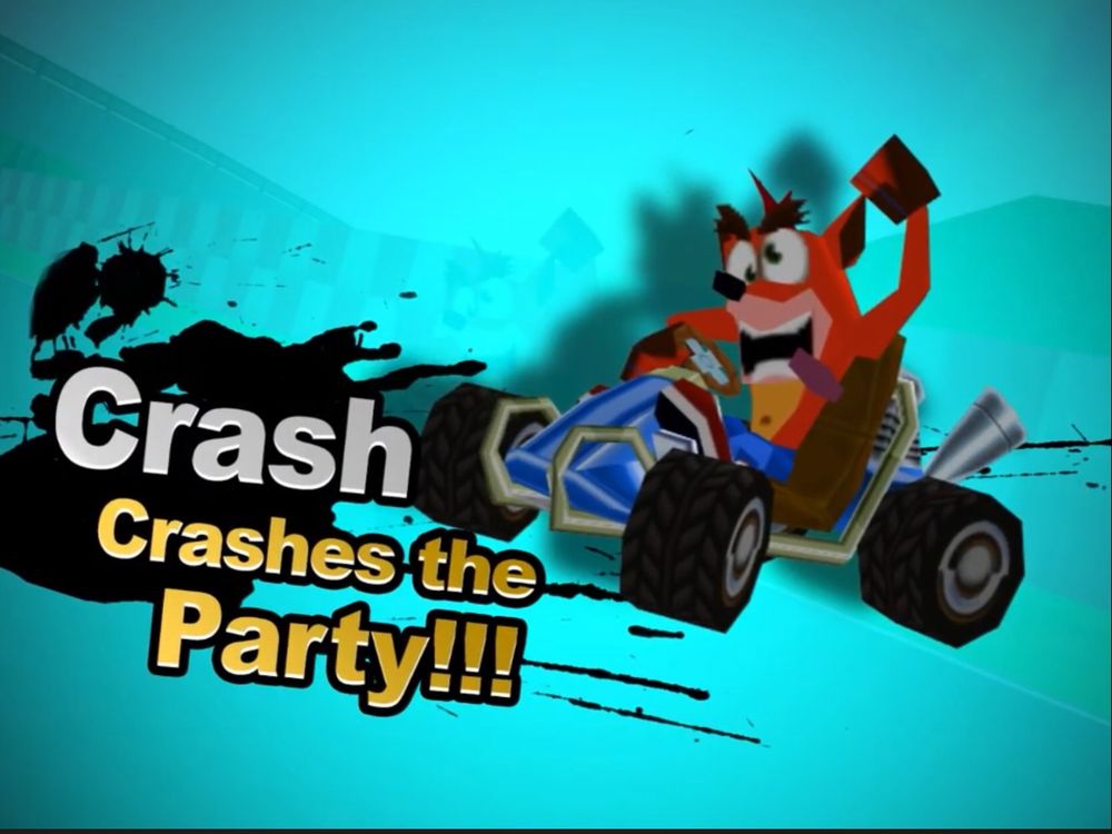 Crash Bandicoot's Splash Screen in the Super Smash Bros 64 mod "Smash Remix"
It reads "Crash crashes the Party!!!" With Crash inside of his Go-Kart