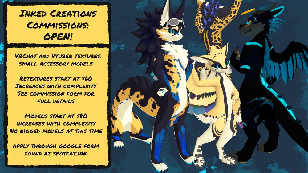 Image stating that inked creations is now open for retexture and models, see the post and form for more details