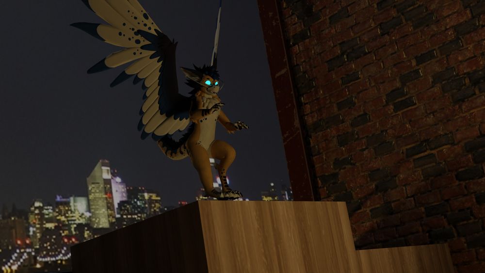 A furred dragon coming down for a landing on the edge of a rooftop, overlooking a city.  