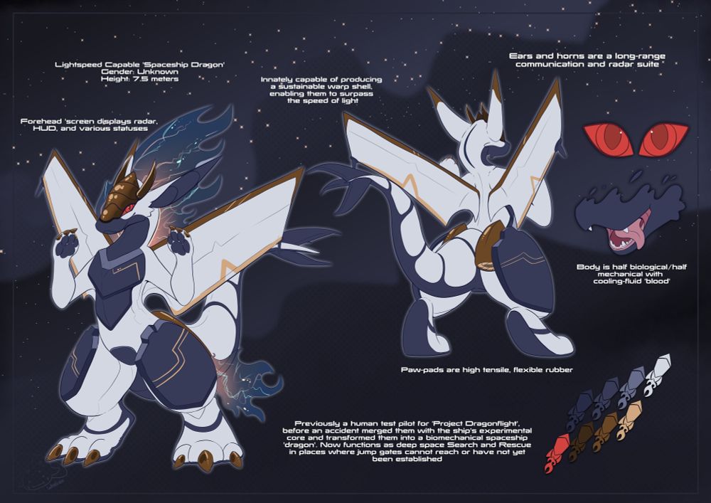 Reference sheet of a spaceship dragon aeromorph