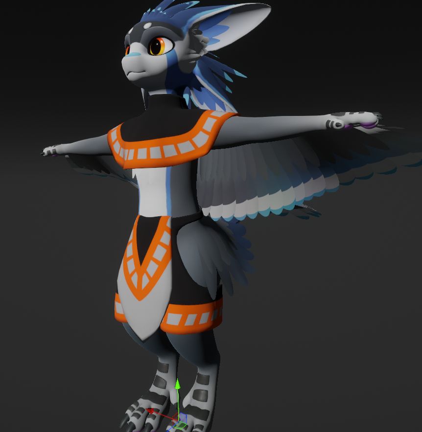 An avali avatar wearing a shawl and shorts designed for a species that can't wear closed pants.