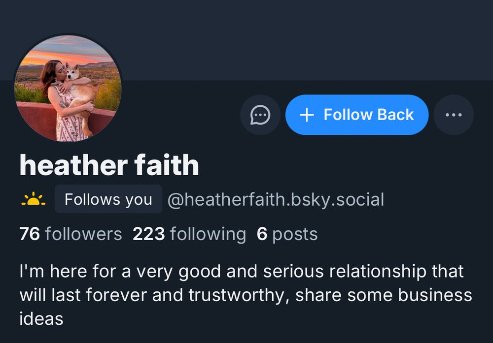 bluesky user @heather faith’s bio: I am here for a very good and serious relationship that will last forever and trustworthy, share some business ideas