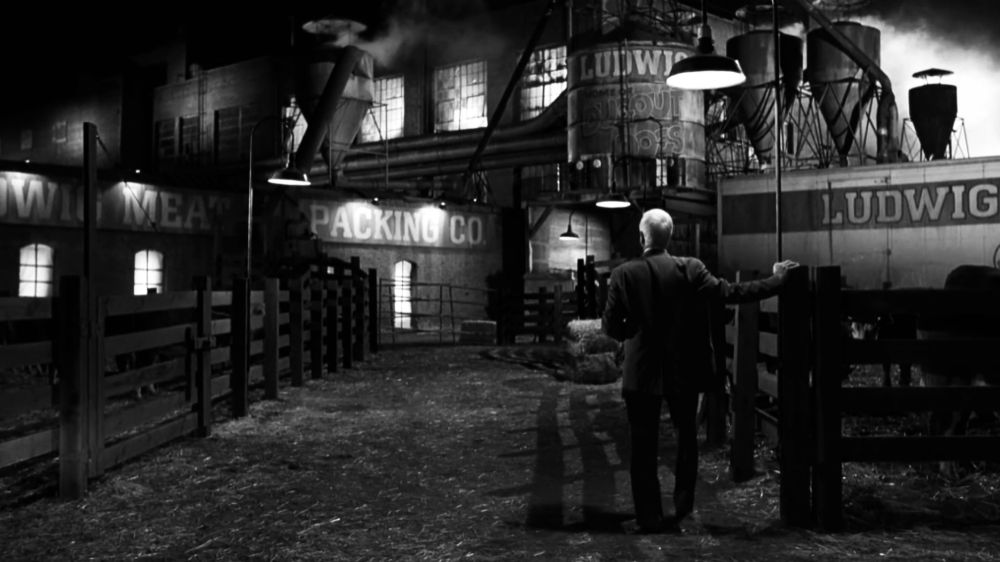 Ludwig meat packing plant sequence establishing shot, in black and white