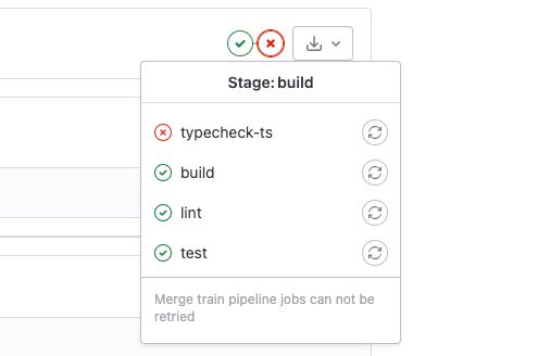 Image is a screenshot from gitlab showing the pipeline going through all the stages of the build but failing at the stage for a Typescript check.