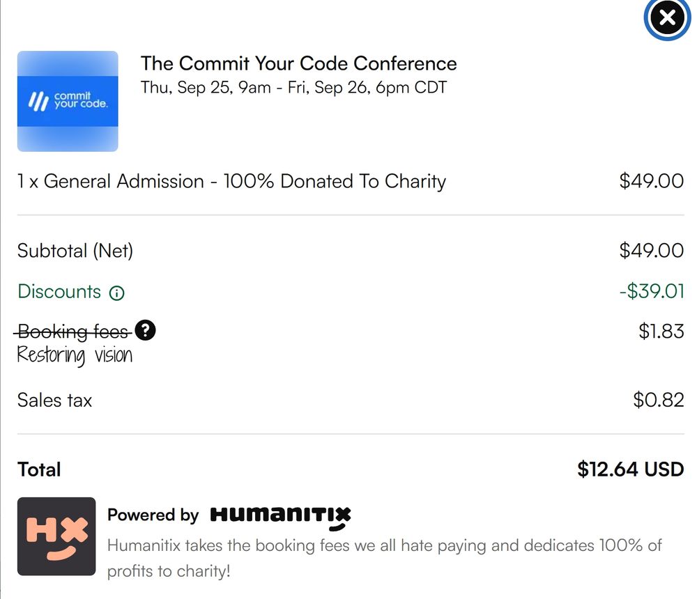 A Humanitix checkout screen for The Commit Your Code Conference (Thu, Sep 25, 9am – Fri, Sep 26, 6pm CDT). One General Admission ticket costs $49, with a discount of $39.01 applied. The subtotal is $49.00, fees are listed as “Restoring vision” ($1.83), and sales tax is $0.82, bringing the total to $12.64 USD. At the bottom, the Humanitix logo appears with text stating that Humanitix takes booking fees and donates 100% of profits to charity.