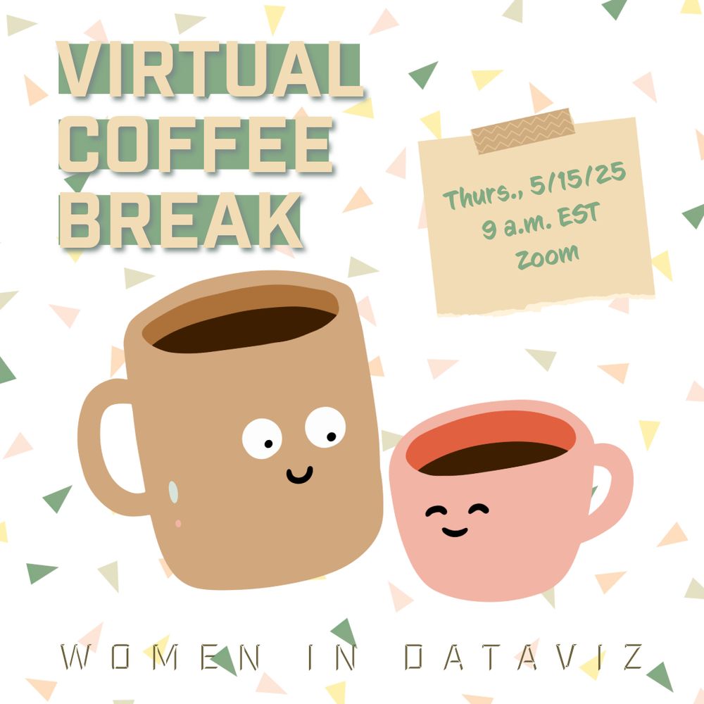 The image shows a cheerful announcement for a "Virtual Coffee Break" event for "Women in DataViz." It features two cartoon coffee mugs with cute faces - a larger tan/brown mug and a smaller pink mug, both with smiling expressions. The event details are displayed on a sticky note that reads "Thurs., 5/15/25, 9 a.m. EST, Zoom." The background has a light pattern with colorful triangular confetti shapes in pastel colors (green, yellow, and pink). The overall design is playful and inviting, using a warm color palette and friendly imagery to promote this networking event for women in data visualization.
