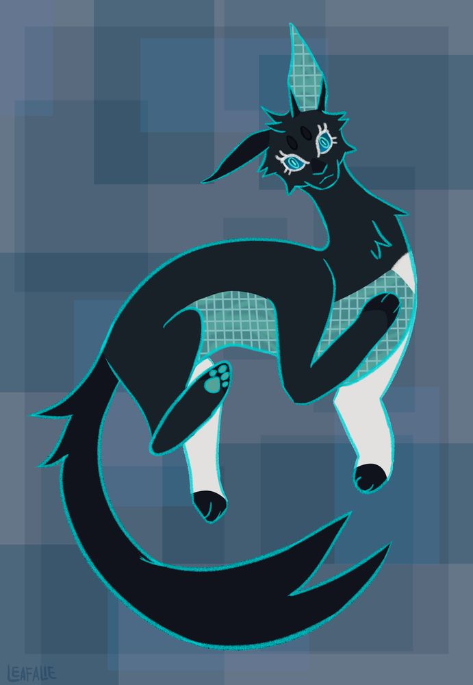 A fullbody digital drawing of a black and white catlike creature, Sonder