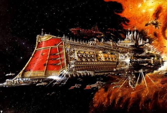 A 40k imperial fleet exiting the warp being chased by chaos ships