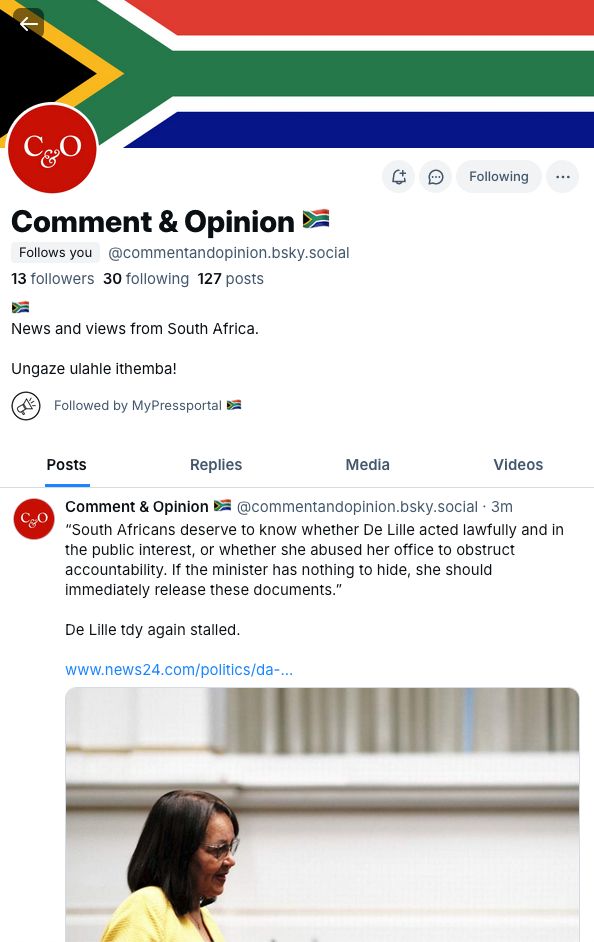 Bluesky header of @commentandopinion.bsky.social with post on Minister of Tourism De Lille not releasing vital documents to Parliament.
