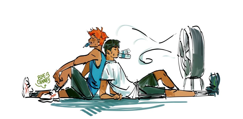 hinata and kageyama leaning on each other back to back. it is humid and hinata is chewing on a popsicle while kageyama is chewing on a plastic water bottle. kageyama is sitting in front of a fan blowing air